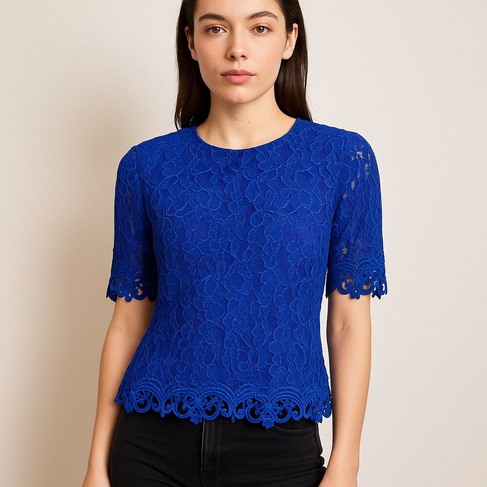 Vintage Cachet Royal Blue Lace Short Sleeve Top – Size 10 – Made in USA